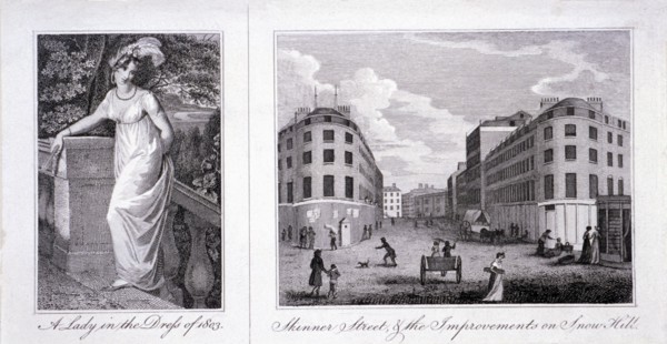Woman in a dress and London street scene, 1803. Artist: Anon