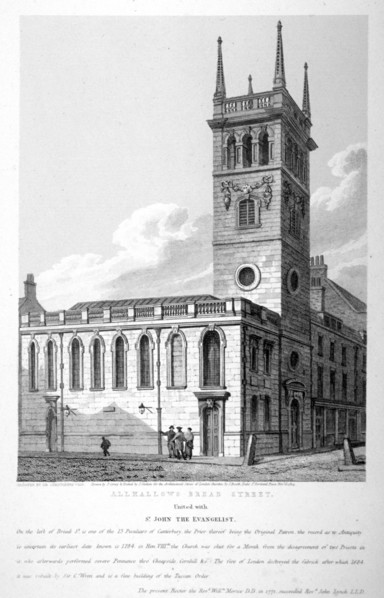 All Hallows Church, Bread Street, London, 1814. Artist: Joseph Skelton