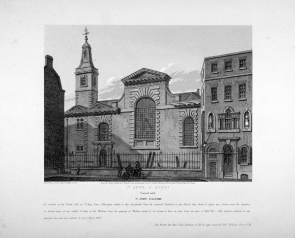 Exterior view of St Anne and St Agnes, City of London, 1814. Artist: Joseph Skelton