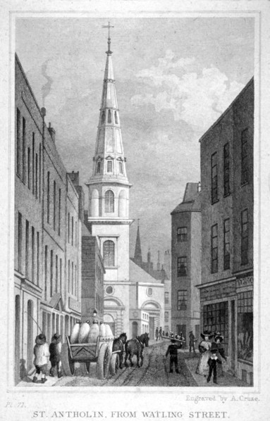 View of St Antholin from Watling Street, City of London, c1830. Artist: A Cruse