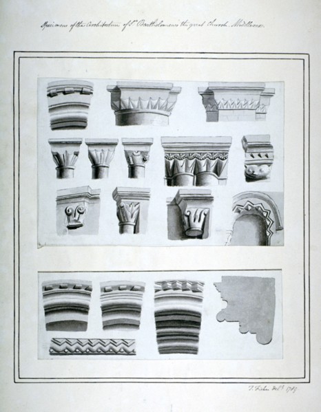 Architectural features in the Church of St Bartholomew-the-Great, Smithfield, City of London, 1789. Artist: Thomas Fisher