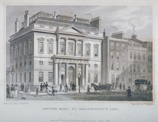 View of the Auction Mart in Bartholomew Lane, City of London, 1829. Artist: W Watkins