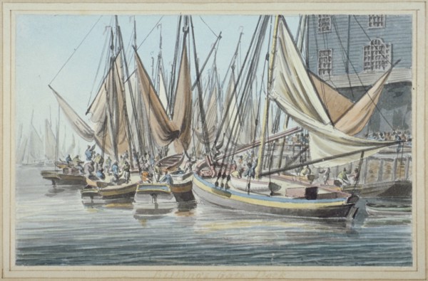 View of Billingsgate wharf with boats on the water, City of London, 1790. Artist: Robert Clevely