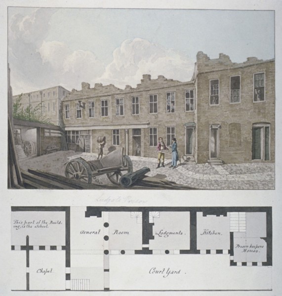 Ludgate Prison with a plan of the London Workhouse, Bishopsgate, beneath, City of London, 1818.