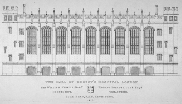 Elevation of the hall of Christ's Hospital, City of London, 1825. Artist: Anon