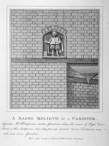 Bas relief of a gardener, Gardner's Lane, City of London, 1791. Artist: Anon