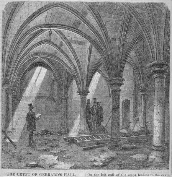 Crypt under Gerard's Hall on the south side of Basing Lane, City of London, 1849. Artist: IS Heaviside