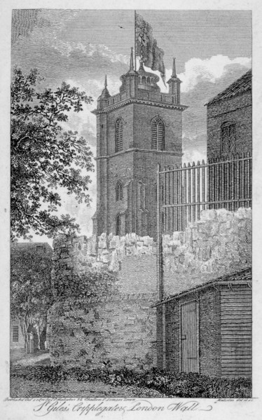 Church of St Giles without Cripplegate, and London Wall, City of London, 1801. Artist: James Peller Malcolm