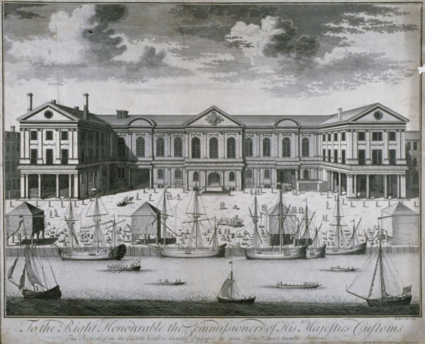 The Custom House from the River Thames, as it was in 1714, 1715. Artist: John Harris