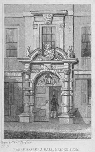 The old door of Haberdashers' Hall, City of London, 1830. Artist: W Watkins
