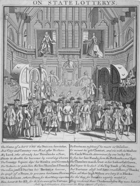 Drawing of the state lottery in the Guildhall, City of London, 1739. Artist: Anon