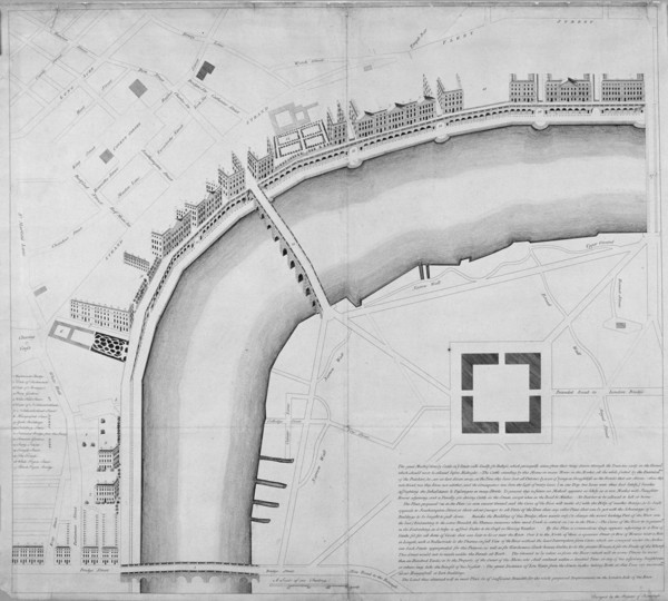Proposed Thames embankment, London, 1760. Artist: Anon