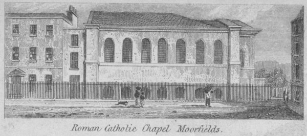 Side view of St Mary's Roman Catholic Church, Moorfields, City of London, 1825. Artist: Anon