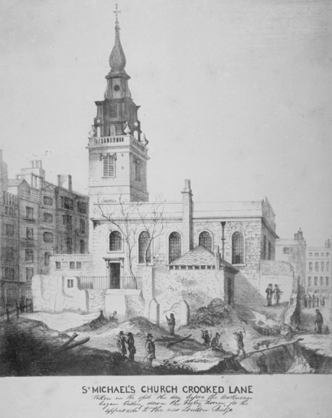 South-east view of the Church of St Michael, Crooked Lane, City of London, 1831. Artist: Anon