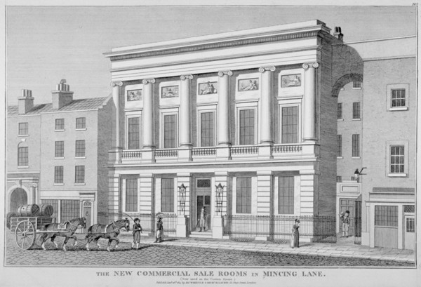 The London Commercial Sale Rooms and Mincing Lane, City of London, 1814. Artist: Anon