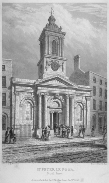 Church of St Peter-le-Poer with the congregation entering, City of London, 1839. Artist: John Le Keux