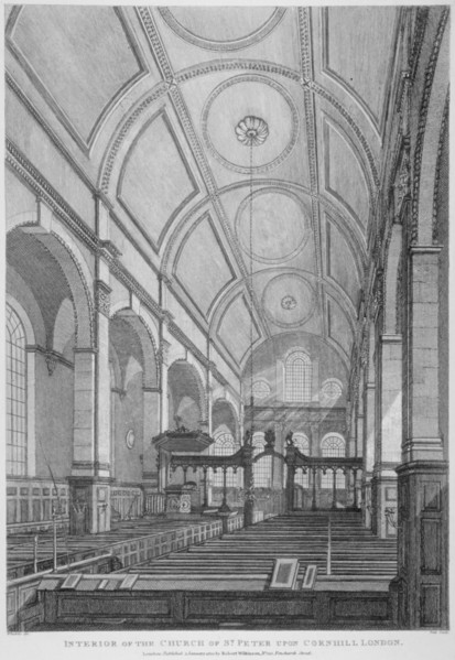 Interior of the Church of St Peter upon Cornhill looking east, City of London, 1825. Artist: Thomas Dale