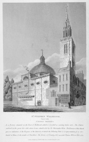North-west view of the Church of St Stephen Walbrook, City of London, 1813. Artist: Joseph Skelton