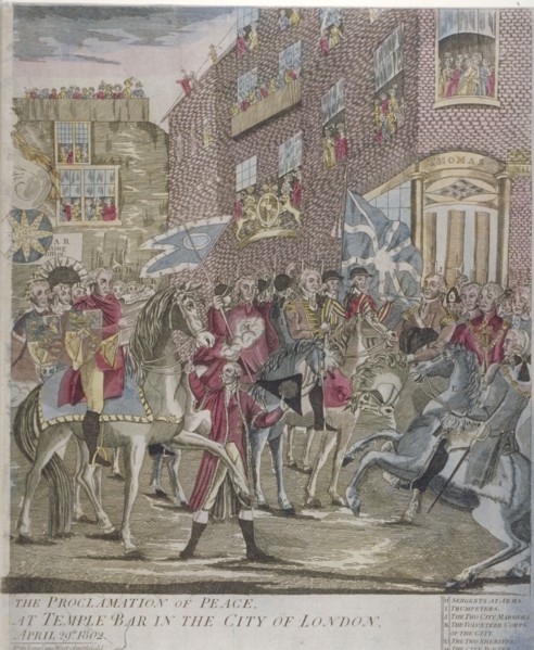 The proclamation of peace at Temple Bar, London, 29 April 1802. Artist: Anon