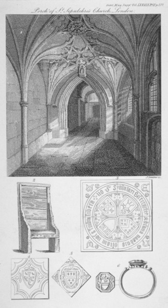 Interior view of the porch of St Sepulchre Church, City of London, 1819. Artist: J Swaine