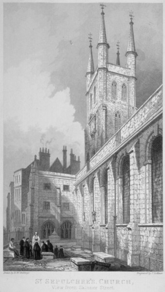 View of St Sepulchre Church from Skinner Street, City of London, 1837. Artist: John Le Keux