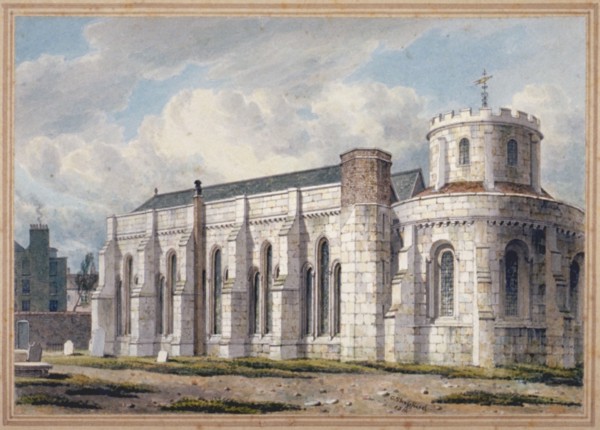 View of Temple Church from across the graveyard, City of London, 1811. Artist: George Shepherd
