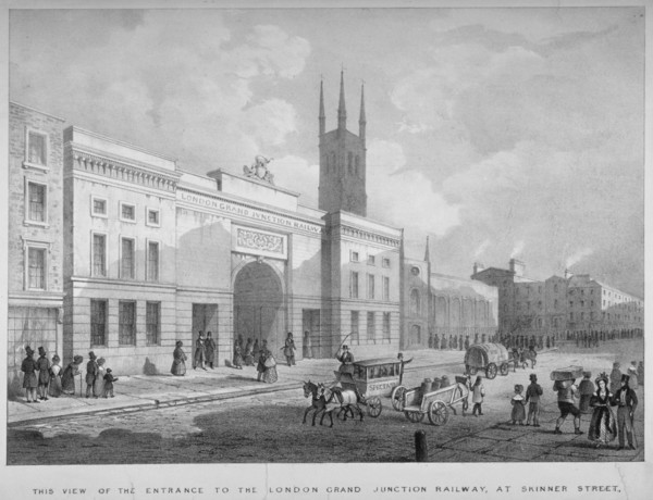 Entrance to the Grand Junction Railway terminal, Skinner Street, near Holborn Viaduct, London, 1835. Artist: Anon