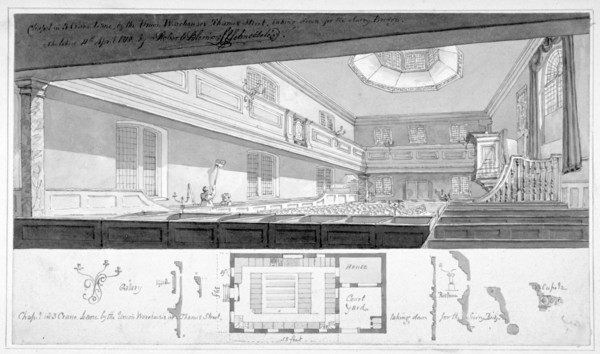 Three Cranes Lane Chapel, Upper Thames Street, City of London, 1818. Artist: Robert Blemmell Schnebbelie