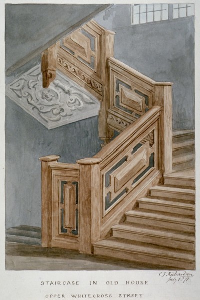 Staircase in a house on Whitecross Street, London, 1871. Artist: Charles James Richardson