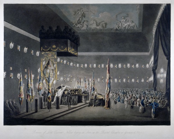 Lord Nelson lying in state in the painted chamber at Greenwich Hospital, London, 1806. Artist: M Merigot