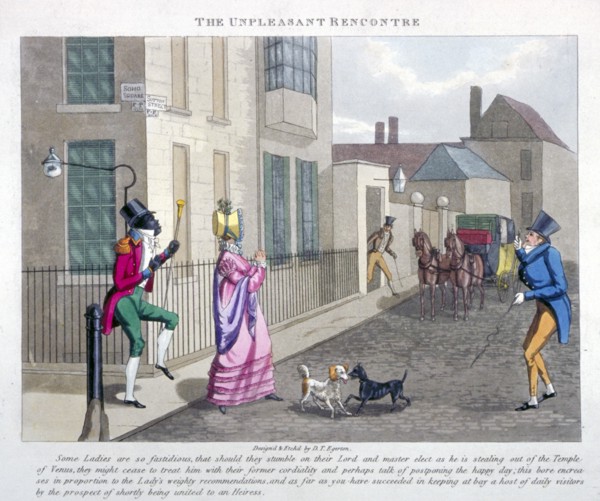 View of the corner of Soho Square and Sutton Street, Westminster, London, c1825. Artist: DT Egerton