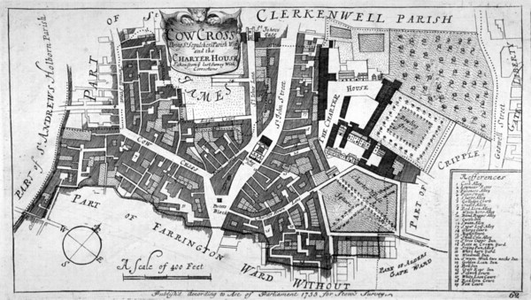 Map of Charterhouse and Cow Cross showing adjoining parishes and wards, London, 1755. Artist: Anon