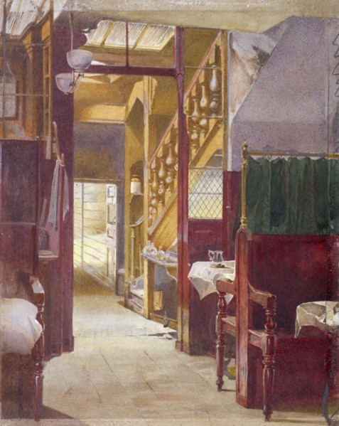 Interior view showing the staircase at the Cock Tavern, Fleet Street, City of London, 1881. Artist: John Crowther