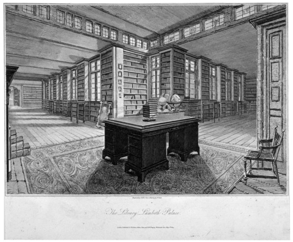 Interior view of the library at Lambeth Palace, with a desk in the foreground, 1805. Artist: John Roffe