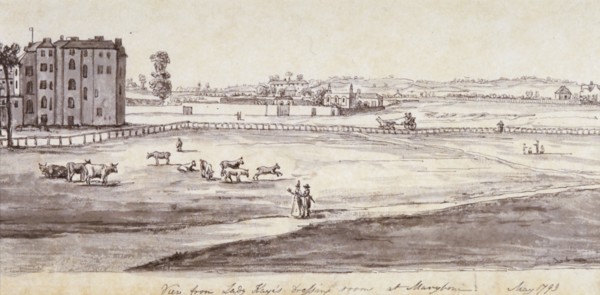 'View from Lady Kaye's Dressing Room at Marylebone', 1793. Artist: Samuel Hieronymus Grimm