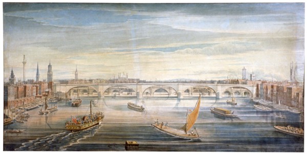 View of the new London Bridge from the west, with boats and barges on the Thames, 1831. Artist: G Yates