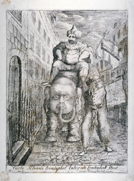 'Carlo Khan's triumphal entry into Leadenhall Street', 1783. Artist: James Sayers