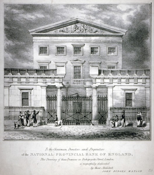 View of the National Provincial Bank at no 112 Bishopsgate Street, City of London, c1840. Artist: Anon