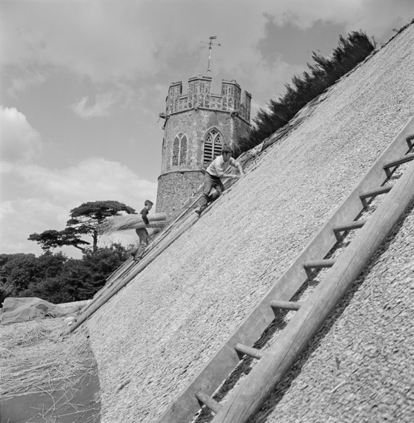 Thatchers at work on the roof of St Peter's Church, Theberton, Suffolk, 1956 Artist