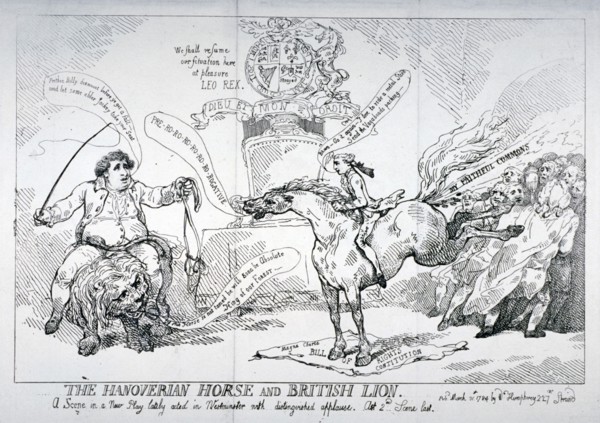 'The Hanoverian horse and British lion', 1784. Artist: Thomas Rowlandson