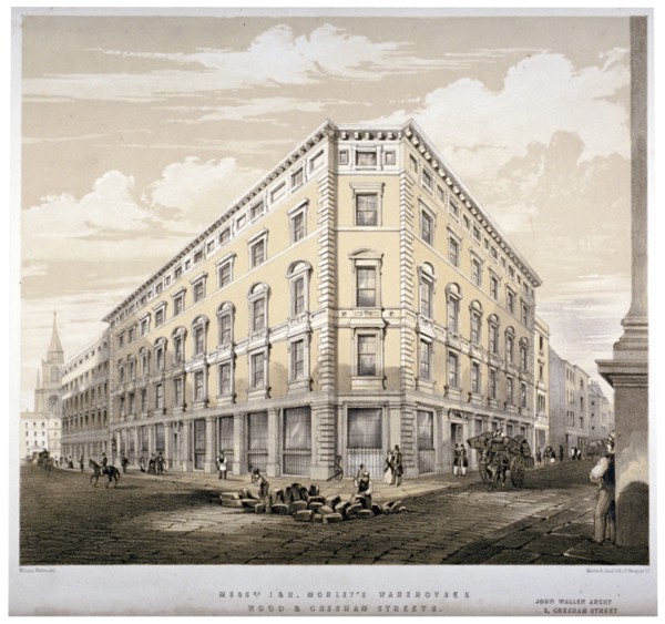 Messrs J&R Morley's warehouses, corner of Wood Street and Gresham Street, London, c1840. Artist: Martin & Hood