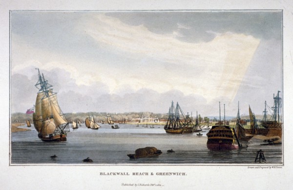 View of water vessels on the River Thames showing Blackwall and Greenwich, London, 1821. Artist: WH Timms