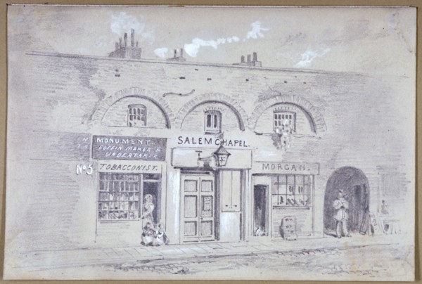 View of Salem Chapel and a tobacconists in Fitzroy Square, London, 1853. Artist: Anon