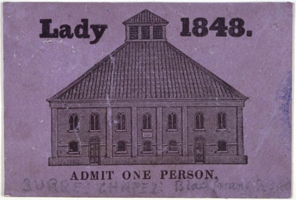 A ticket of admission for a lady to Surrey Chapel, Blackfriars Road, Southwark, London, 1848. Artist: Anon