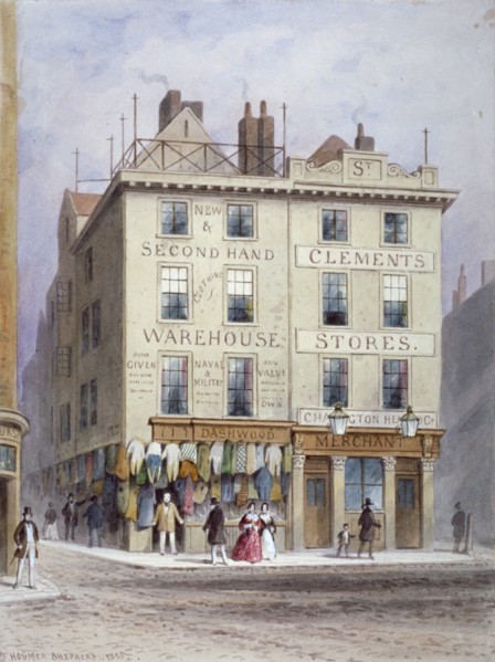 Clement's Stores at the junction of Holywell Street and Wych Street, Westminster, London, 1855. Artist: Thomas Hosmer Shepherd