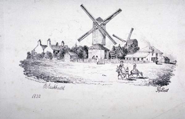 View of Blackheath, showing windmills and buildings, Greenwich, London, 1832. Artist: William Day