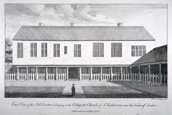 East view of the old cloisters at the Church of St Katherine by the Tower, Stepney, London, 1764. Artist: F Perry