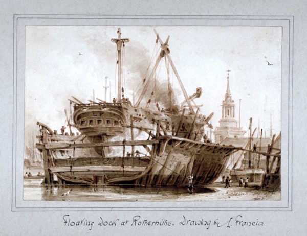 Floating dock at Rotherhithe, London, c1810. Artist: Francois Louis Thomas Francia