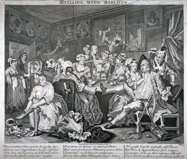 Revelling with Harlots', plate III of A Rake's Progress, 1735. Artist: Anon