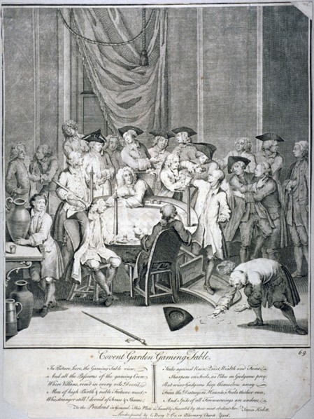 Gaming table scene in Covent Garden, Westminster, London, 1746. Artist: James Hulett
